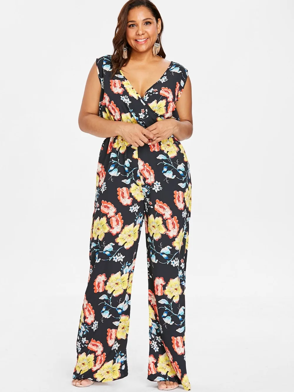print Floor Length jumpsuits&rompers plus size Floral Low Cut women