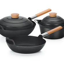 Стиль, набор из 3 предметов, черная сковорода с плоским дном, железный вок и суповая кастрюля с двумя крышками, набор железных кухонных кастрюль и сковородок