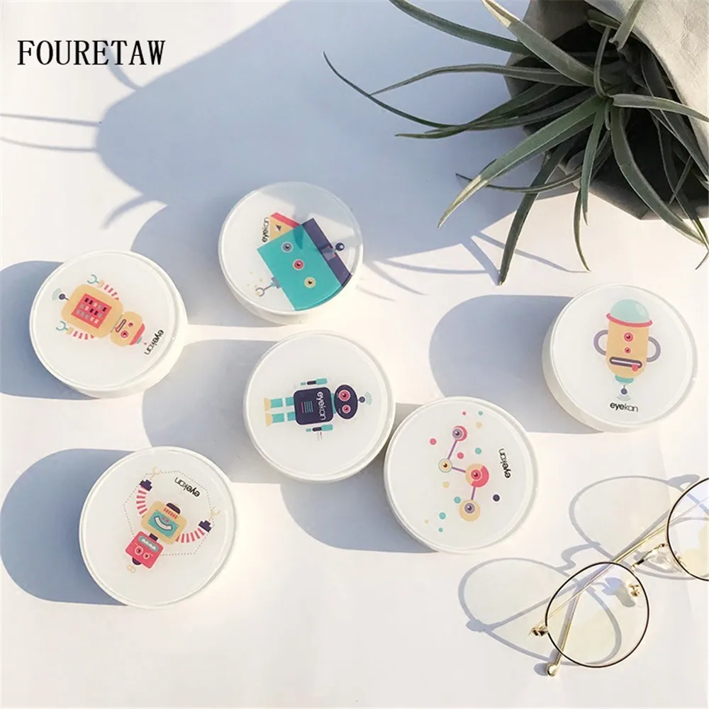 

FOURETAW 1 Set Cute Cartoon Robot Pattern Style Pocket Mini Contact Lens Case Travel Kit Easy Carry Mirror Mirror Container