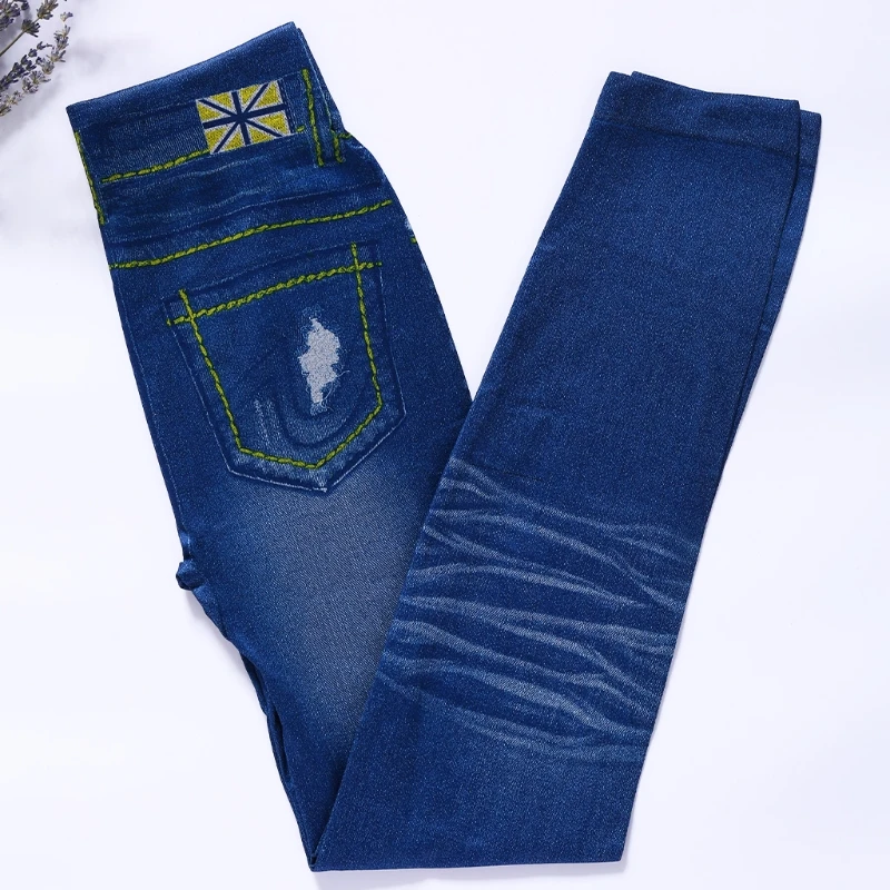 Женщины Синий Черный Высокая талия Faux Denim Stretch карандаш брюки джинсы леггинсы