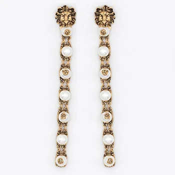 

Elegant Lion Head Long Pearl Dangle Drop Earrings for OL Women Accessories Gold Plating