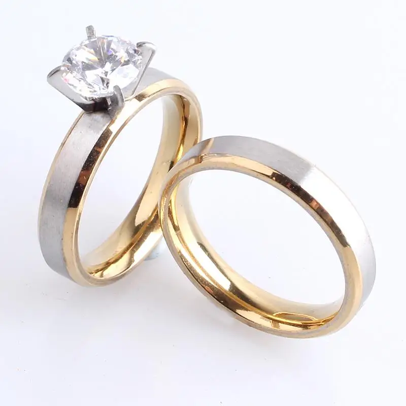 free shipping 4mm gold border Silver brushed Lovers Zircon 316L Stainless Steel wedding rings for women men wholesale