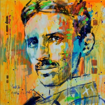 

100% Handpainted RARE NEW ORIGINAL MARTA ZAWADZKA "Nikola Tesla" electric car inventor PAINTING