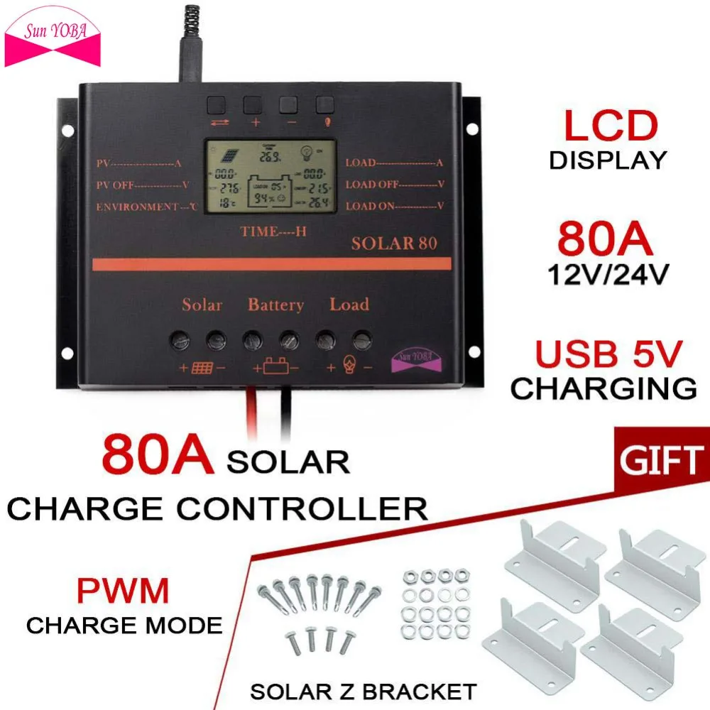 

80A 12V 24V LCD Display Solar Panel Regulator Charge Controller With USB 5V +4X Z bracket Mount Flat Roof Wall Aluminum Set PJW