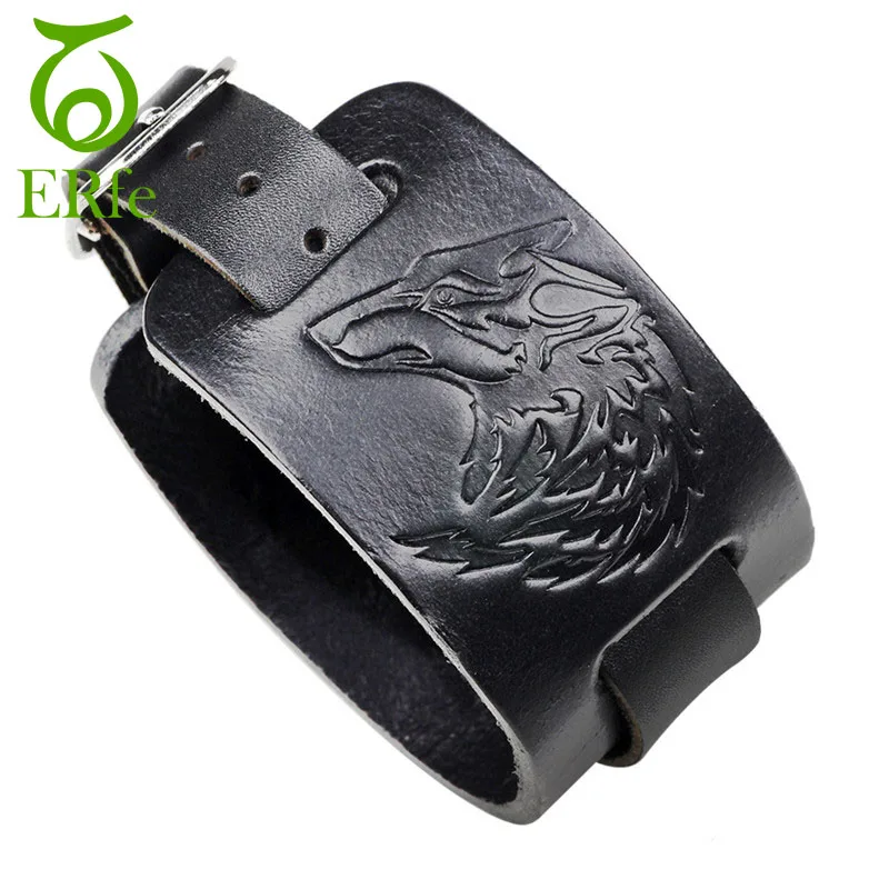 

2019 Viking Genuine Black Brown Leather Wolf Head Bracelet Men Gothic Wristband Male Armband Accessories Summer LB083