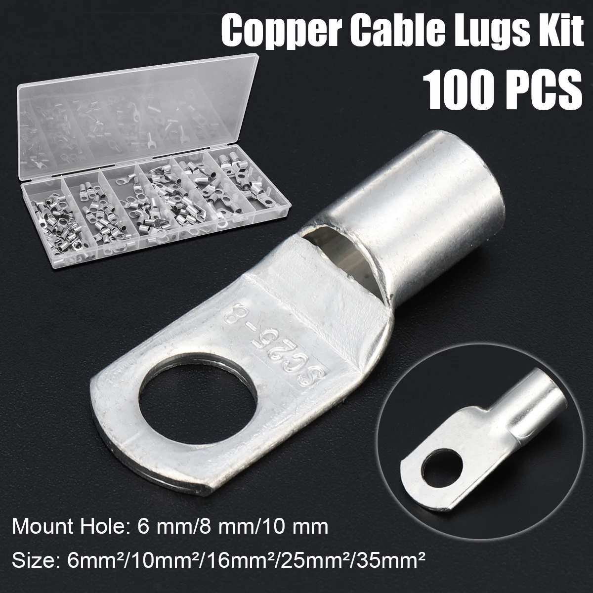 

100 Pcs Copper Cable Lugs Kit SC6-6 ~SC35-10 Electrical Terminal Block Wire Connectors
