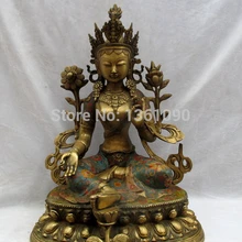 Xd 00960 Тибет Буддизм Бронзовый ручной сделано перегородчатой Зеленая Тара Кван-инь Статуя Будды