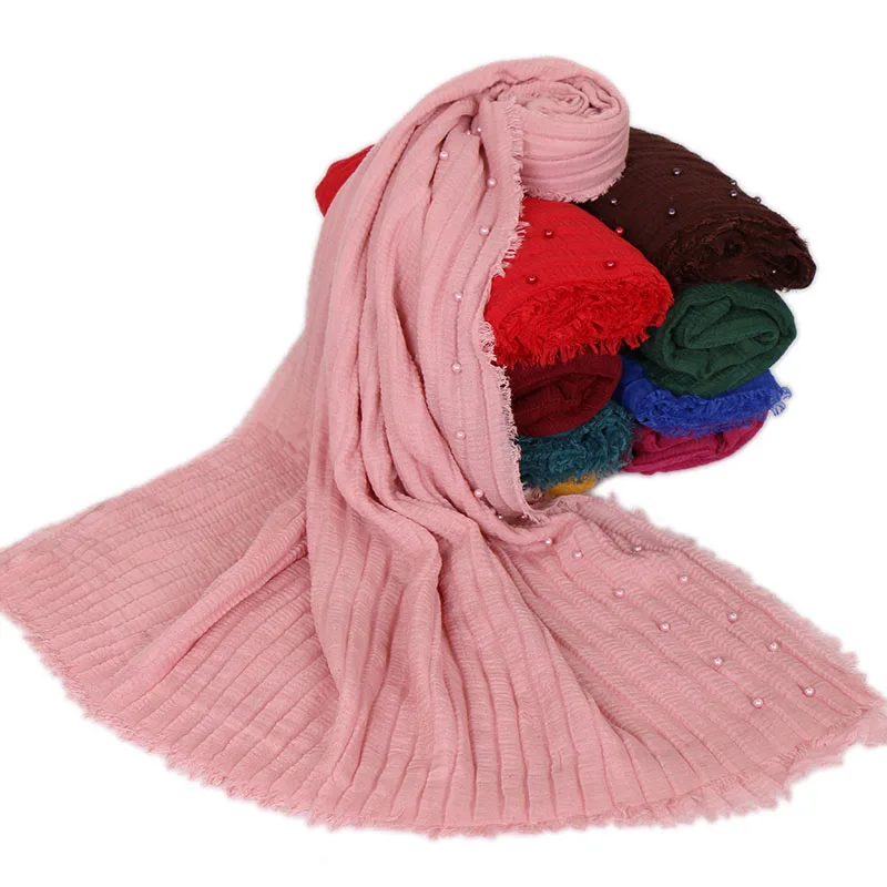 

new style crinkle cotton with beads scarf Plain Wrinkle Wrap Bubble Cotton Viscose scarves Crinkled Hijab wrap muslim shawl