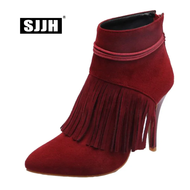 

SJJH Women Fringe Stiletto Ankle Boots with Point Toe Folck Short Plush Martin Boots Winter Fashion Formal Shoes Large Size Q354