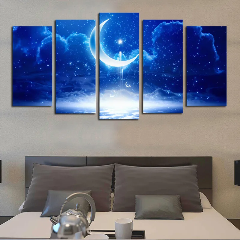 Poster 5 Panels Modern Decorative Picture Wall Pictures for Living Room Moon Starry blue night Sky | Дом и сад