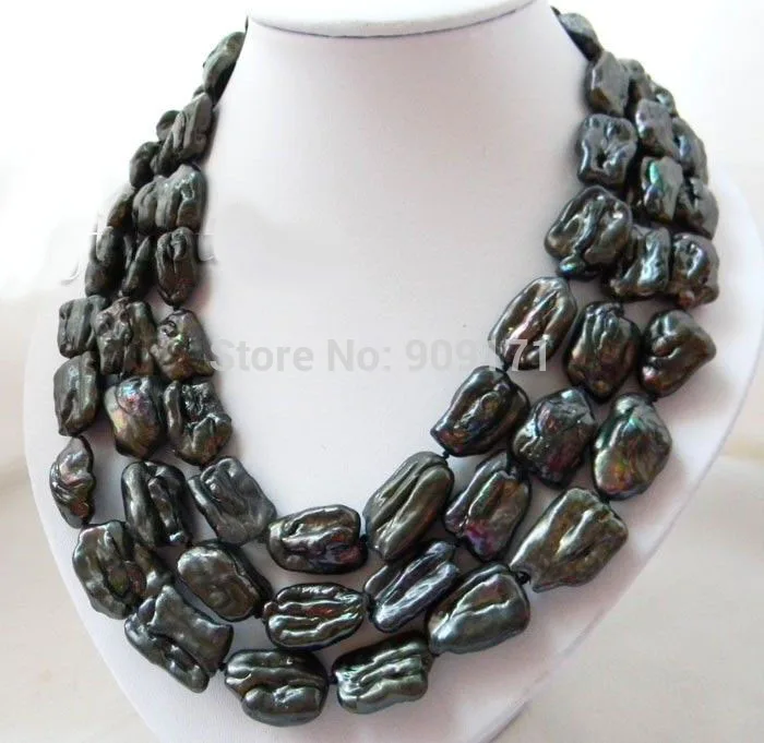 

Free Shipping>>>> 50'' 15mmx20mm Black Baroque Biwa Freshwater Pearl Necklace