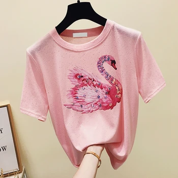 

gkfnmt Summer Pink T shirt Women Sequin Tee Shirt Femme Plus Size Black T-shirt Female Short Sleeve White Tshirt Lady Tops