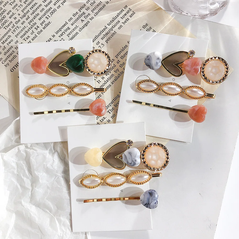 

2019 New Vintage Marble Stone Heart Imitation Pearl Hair Clips Sets For Women Fashion Hair Accessories Acrylic Resin Hairpins