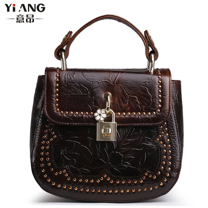 

New Women Vintage Trend Handbag Oil Wax Genuine Leather Cowhide Embossed Tote Bag Casual Crossbody Shoulder Bag