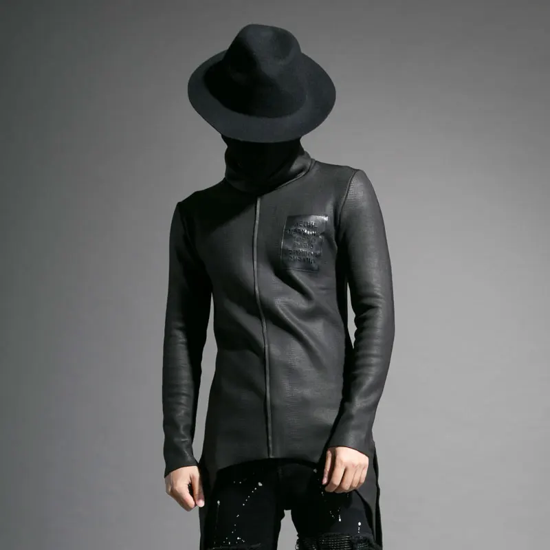 

New 2018 Male long-sleeve T-shirt Personality side slit plus velvet thickening basic t-shirt slim men's clothing singer costumes