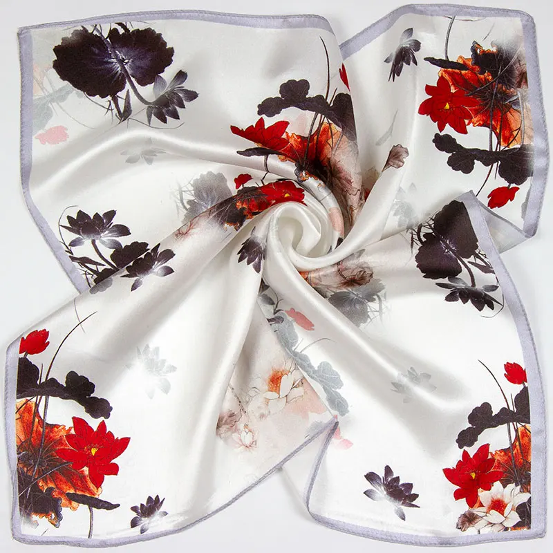 100% шелк женский шарф шейный платок Лотос щелковая бандана 2019 цветочный фузал небольшой квадратный шелковый шарф хороший подарок для леди