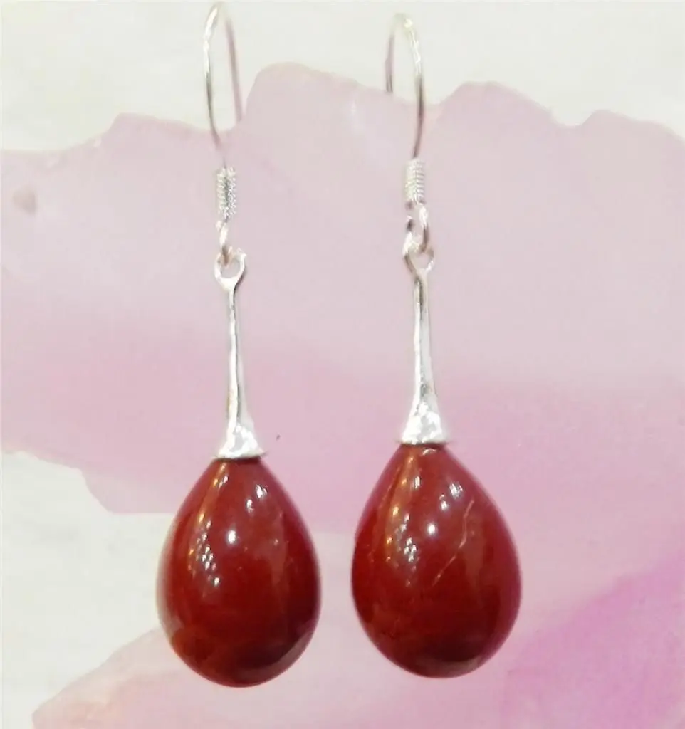 

FREE SHIPPINGTEARDROP RED CORAL SILVER DANGLE EARRINGS JEWELRY