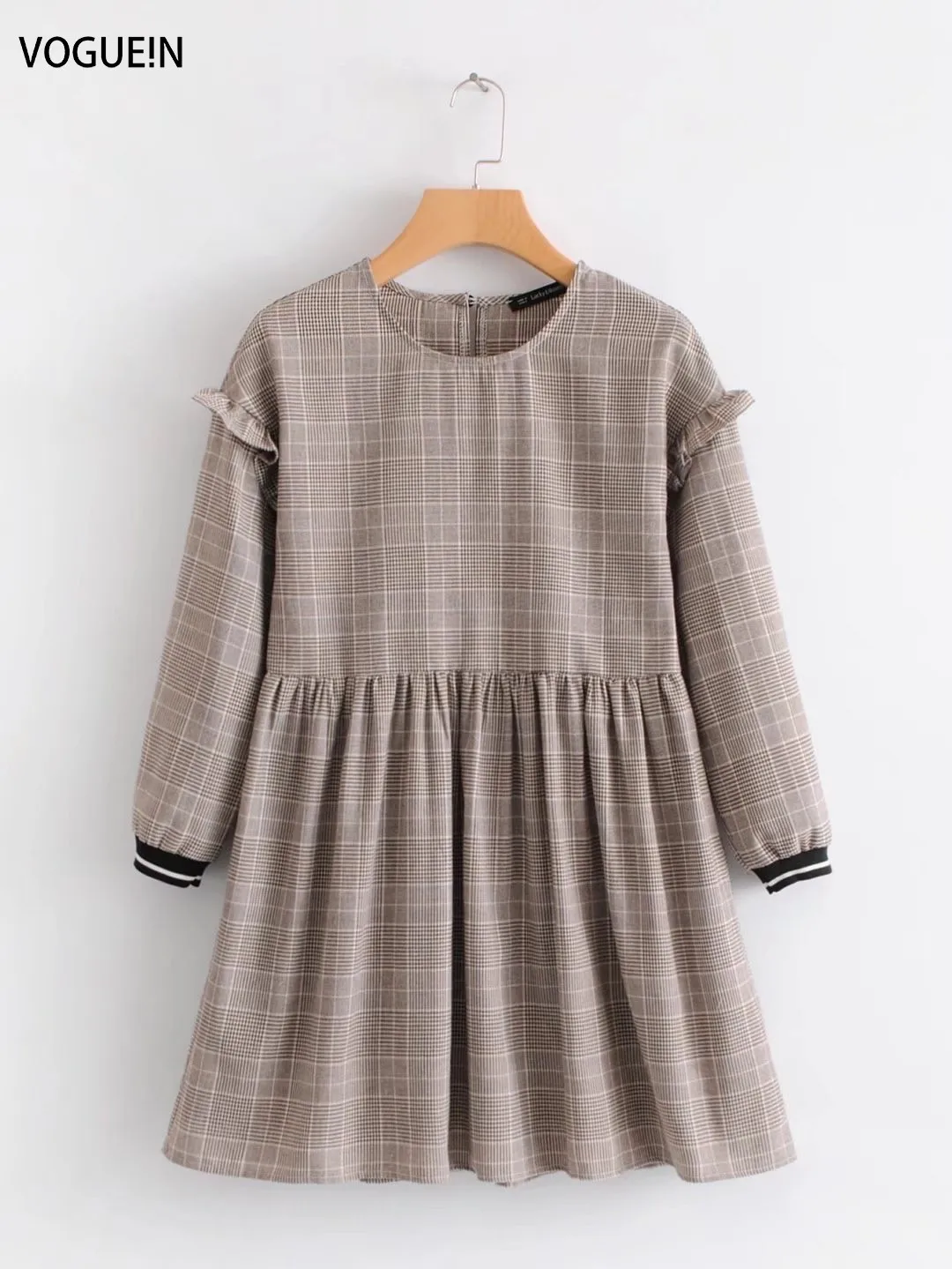 

VOGUEIN New Womens Ladies Casual Checks & Plaids Round Neck 3/4 Sleeve Mini Dress Wholesale
