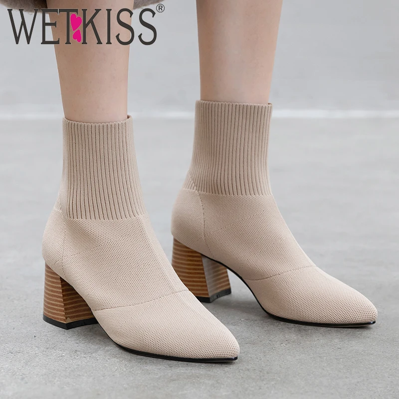 

WETKISS High Heels Thick Ankle Boots Women Stretch Knitting Sock Booties Female Pointed Toe Shoes Party Shoes Winter 2019 New