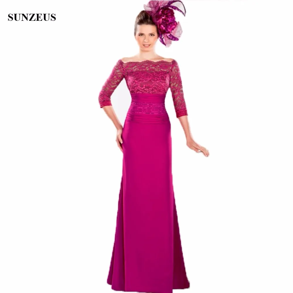 Drie Qaurter Mouwen Lace Moeder Van De Bruid Jurk Lange Fuchsia Party Jurken Boothals Bruiloft Gast Jurk CM022 Drie Qaurter Mouwen Lace Moeder Van De Bruid Jurk Lange Fuchsia Party Jurken Boothals Bruiloft Gast Jurk CM022