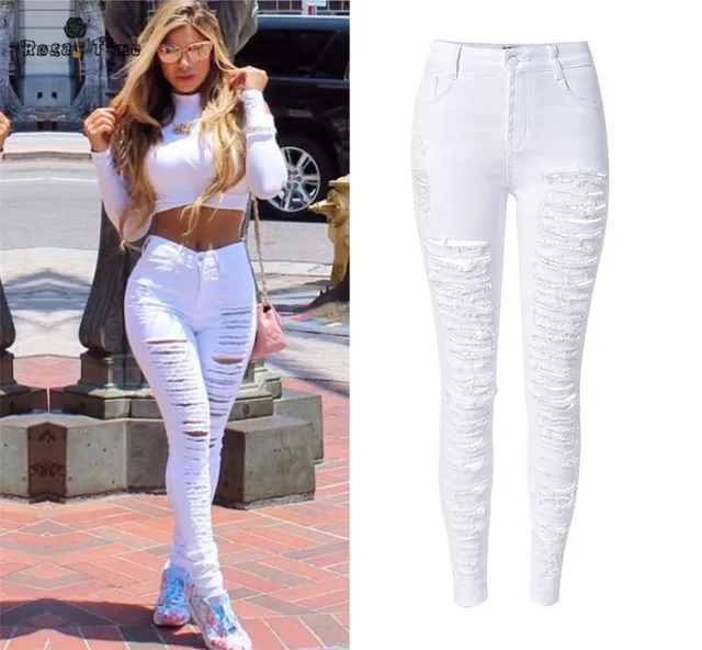 Aliexpress.com : Buy Plus Size Women White High Waist Skinny Plus Size Women White High Waist Skinny Ripped Caterpillar Holes Night Club Elastic Jeans Pencil Pants - Aliexpress.com : Buy Plus Size Women White High Waist Skinny