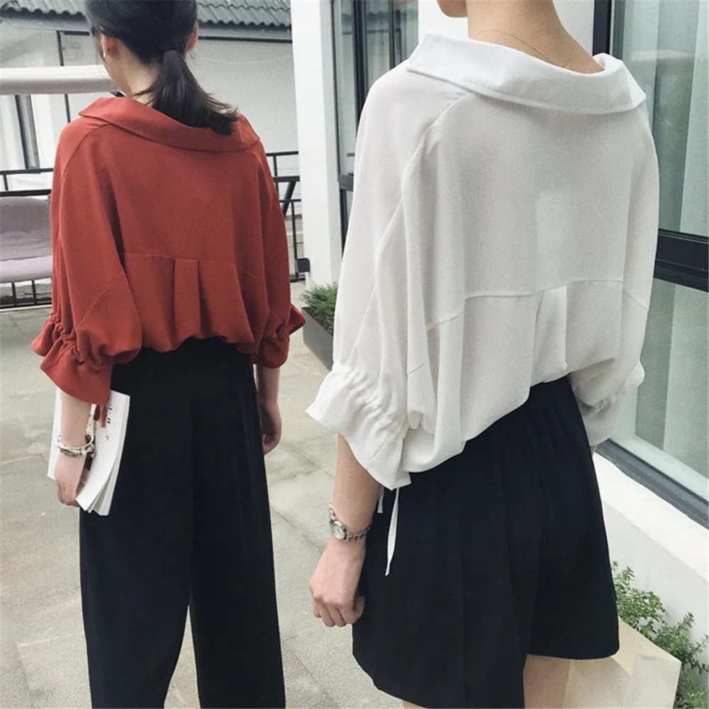 High quality Casual Chiffon V-neck Loose Shirt Office Wear 2018 White Women Blouse Shirt Half Batwing Sleeve Summer Elegant top (9)
