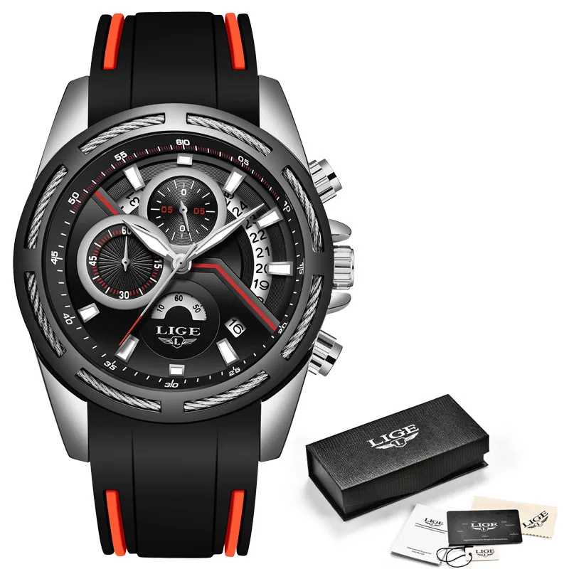 Silver black Reloje LIGE Модные мужские s часы лучший бренд класса люкс силиконовый хронограф с ремешком кварцевые часы мужские повседневные водонепроницаемые спортивные часы - Цвет: Silver black