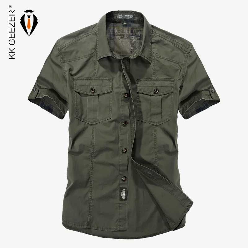 Рубашка в стиле милитари для мужчин хлопок рабочие повседневные рубашки короткий рукав свободные ArmyGeen карманы дышащий высокое качество платье рубашка большой 4XL