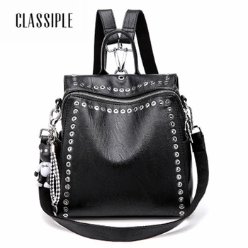 

2018 Newest Backpacks Ladies Shoulder School Bag Black Fashion Rivet Shoulder Bag PU Leather Backpacks Female Backpacks Girls