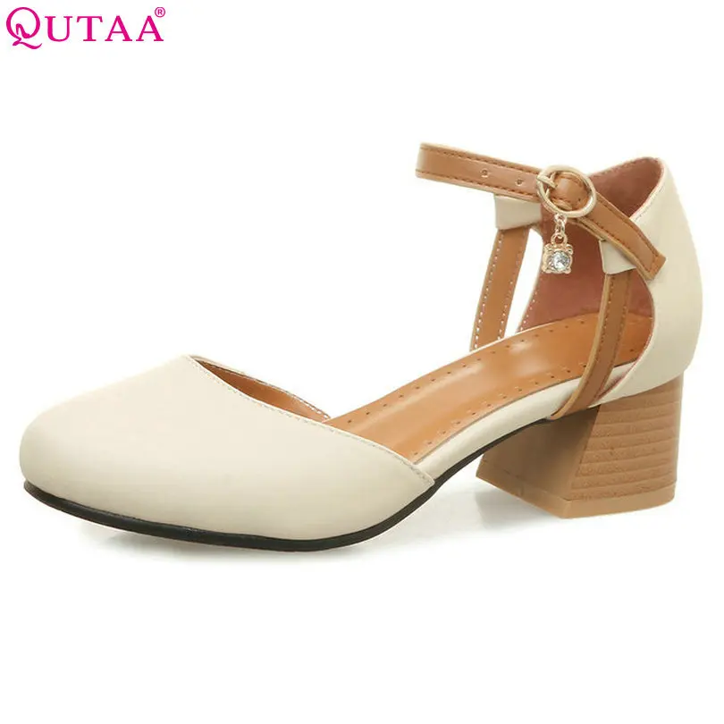 

QUTAA 2018 Women Pumps Square High Heel Round Toe PU Leather Buckle Crystal Ankle Strap Beige Ladies Wedding Shoes Size 34-43