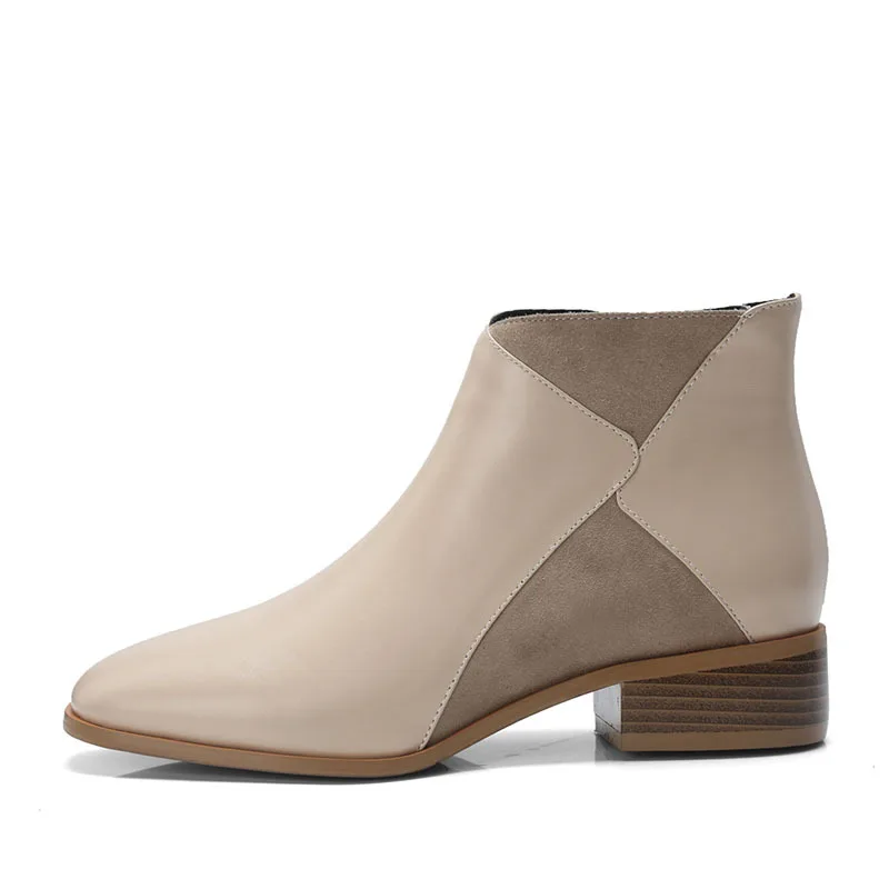 

MoBeiNi 2018 winter boots thick with low heel square side zipper top layer cowhide color matching sheep suede women's shoes boot
