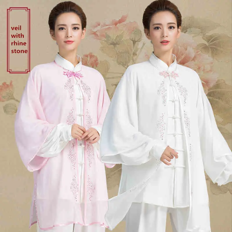 7 цветов шифоновая вуаль с горячей фиксацией Стразы для тайцзи костюм униформа для тайцзи ушу вуаль кунг-фу одежда для женщин