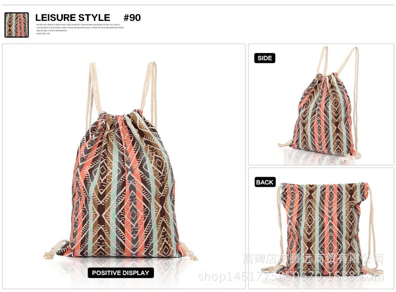 ZYJ Casual Stripe Drawstring Backpack Bohemia Girls Linen Draw String Backpack Daypack Mochila Shopping Bag (6)