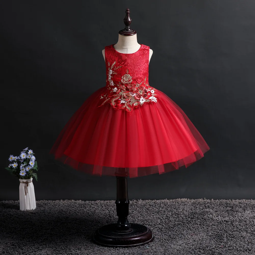 

New Design Girls Wedding Dress Kids Applique Bodice with Tulle Birthday Party Talent Show Clothes Bebe Vestido