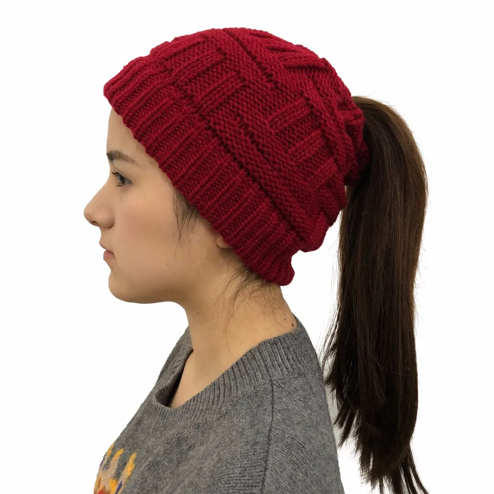 Fashion Ponytail Beanie Women Winter Hats Crochet Knitted Bamboo Ski Cap Skullies Beanies Warm Caps Female Stylish Hat Ladies