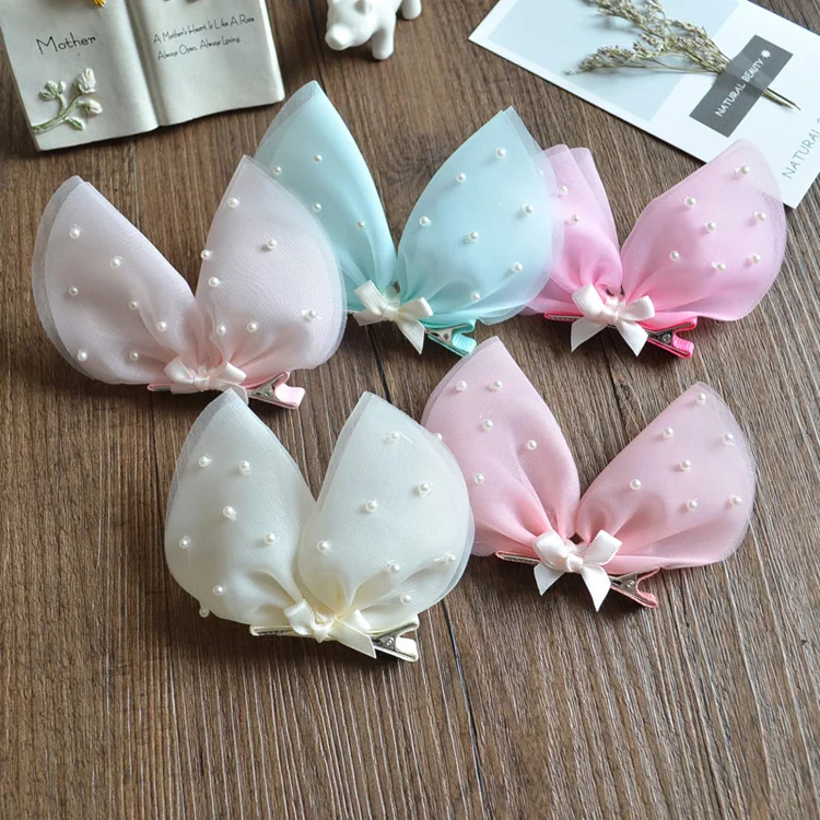 

Boutique 10pcs Fashion Gauze Rabbit Ears Hairpins Solid Pearls Animal Ears Hair Clips Princess Headwear Fairy Hair Accessories
