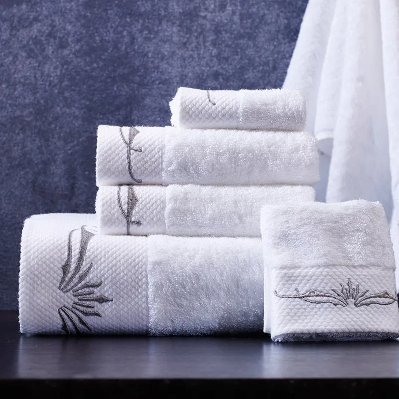 Роскошный комплект полотенец для ванной+ лица+ полотенца для рук хлопок, белая вышивка, утолщенная 5 звезд, гостиничная ванна, 3 шт., набор полотенец
