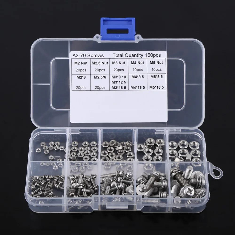 

Hot 160Pcs/set M2 M2.5 M3 M4 M5 Pan Head Screws Nuts Assortment Kit Stainless Steel Cross Screws Hex Nut Fastener Hardware
