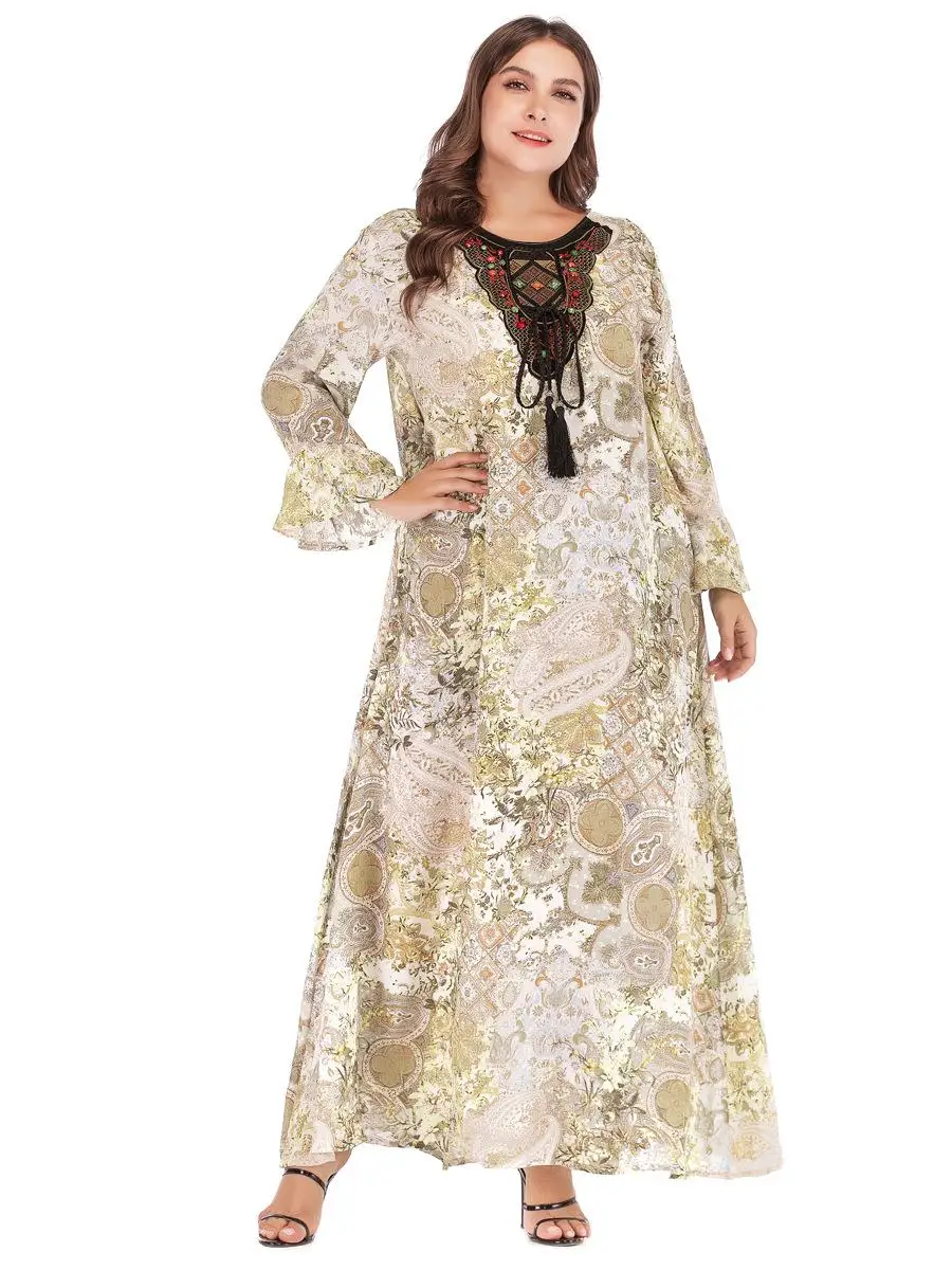 Women Muslim Long Dress Print Plus Size Embroidery Dubai Robe Casual Loose Abaya Gown Beading Drawstring Casual Islamic Clothes