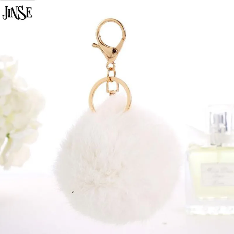 JINSE New White Trinket Keychain Pompons Keychains Fur Keychain Fluffy