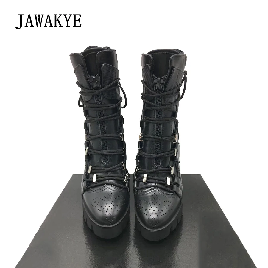 JAWAKYE/кожаные мотоциклетные ботинки на высоком массивном каблуке, женская черная обувь на шнуровке в стиле панк, женские ботильоны на платформе и толстом каблуке