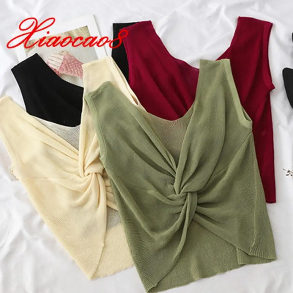 

Summer Solid Hollow Breathable Knitted Top Women Deep V Neck Twisted Tank Top Fashion Haut Femme Sexy Summer Tops for Women 2019