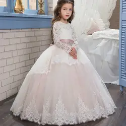 Элегантное цветочное кружевное вечерние платье с лепестками для девочек, Новое кружевное платье с двойным кружевом и длинными рукавами