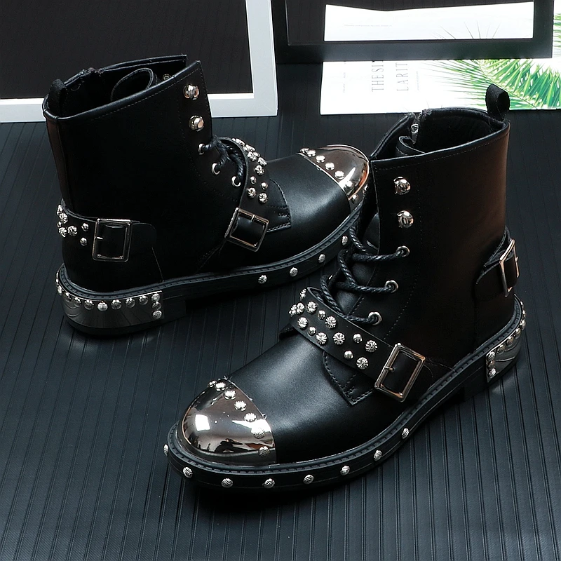 

Winter Martin Boots Men 2019 Fashion Punk Rivet All Black Boots High Top Zipper Shoes for Male Zapatos De Hombre Cotton Shoes