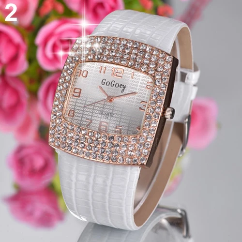 Women's Luxury Square Shiny Crystal Rhinestones Faux Leather Analog