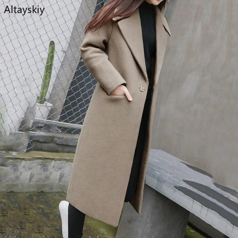 

Wool Women Winter Thicker Long Slim Solid Simple All-match Turn-down Collar Pockets Leisure Daily Blends Womens Elegant Ladies