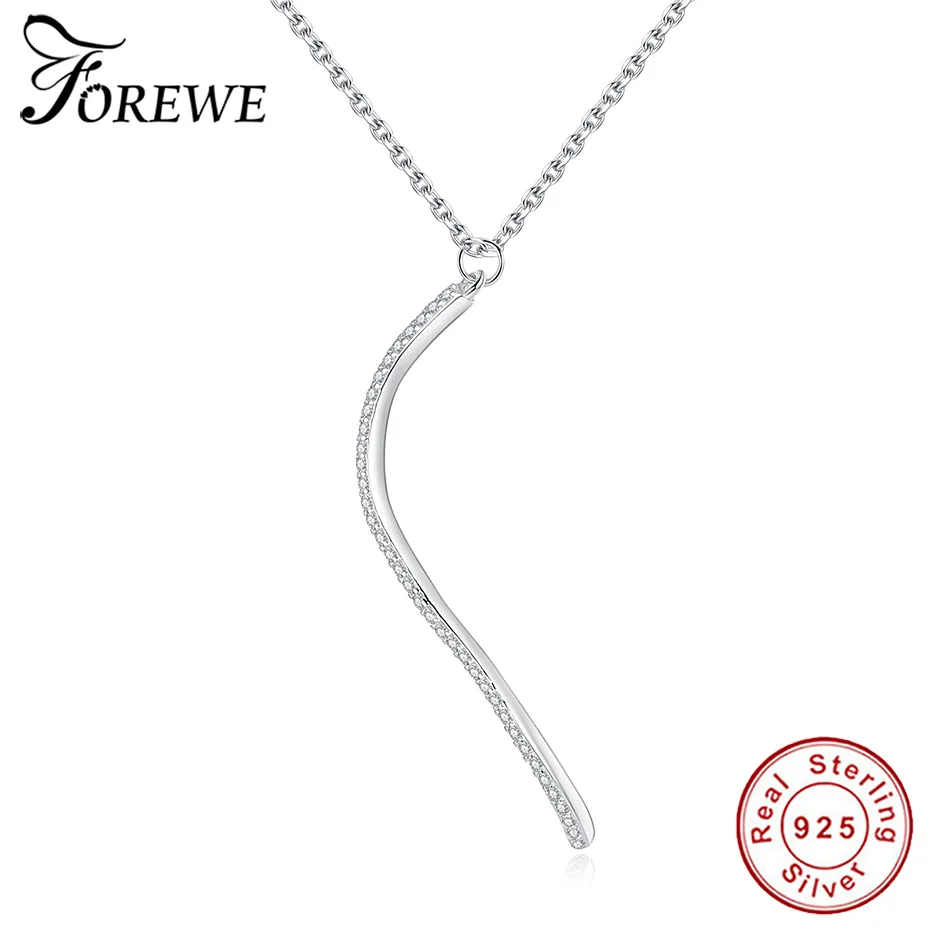 

Forewe Genuine 925 Sterling Silver Necklace for Women Irregular Strip Bar Pendant Necklaces with Crystal Zircon Wedding Jewelry