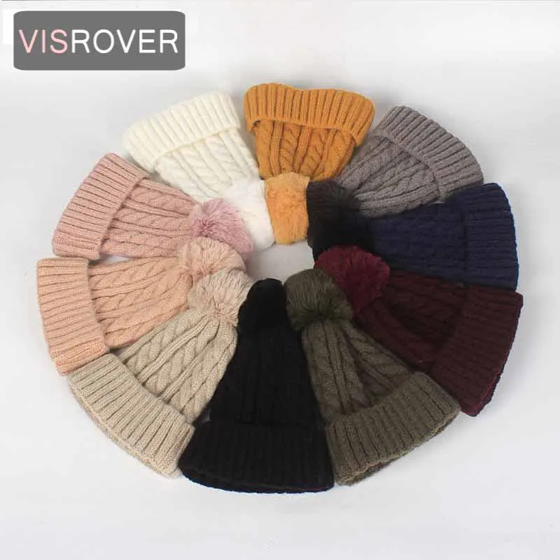 

VISROVER 10 colors Autumn winter solid color wool/acrylic beanies woman New cashmere Bonnet Warm cap Casual High Quality