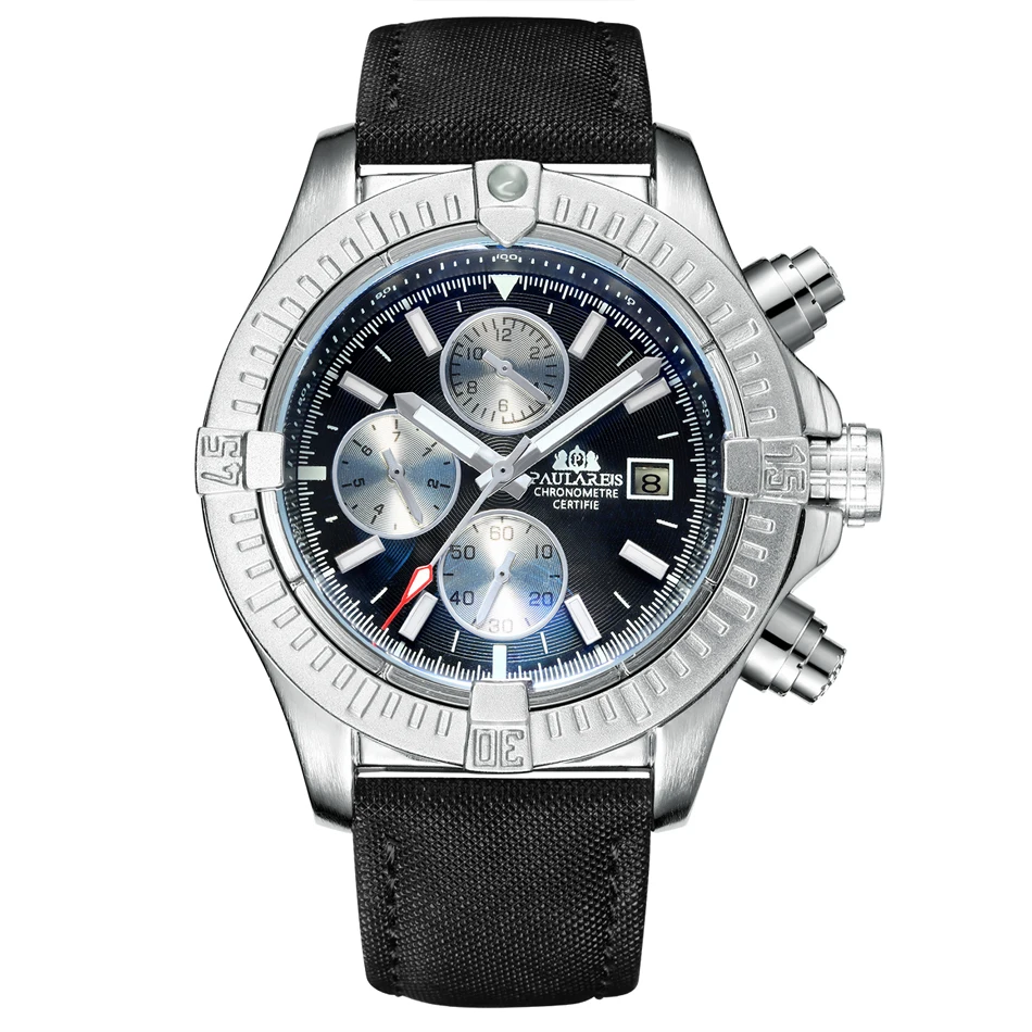 Silver Black Panda 1 Мужские автоматические механические холщовые стильные многофункциональные спортивные часы с ремешком из натуральной кожи черного и синего цвета с датой и месяцем - Цвет: Silver Black Panda 1