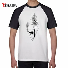 Men Women Harajuku T Shirts Bear Print Tree Forest Animal Graphic Tees Casual Cotton Tee Tops Unisex White Short Sleeve men forest print tee